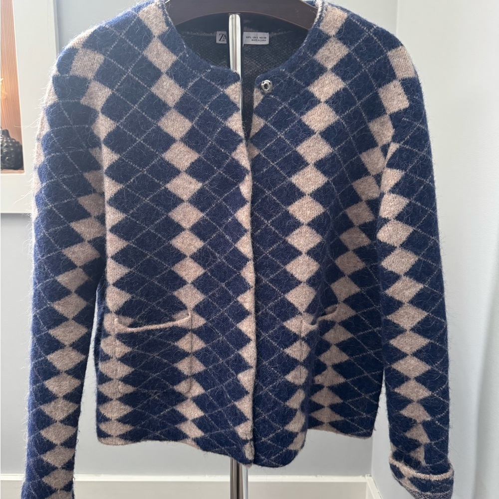 Zara Navy and Beige Argyle Knit